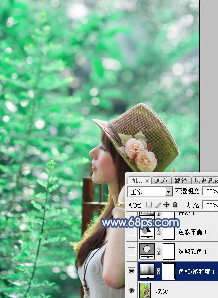 Photoshop打造唯美的淡调青绿色树景美女图片3