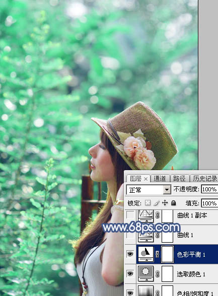 Photoshop打造唯美的淡调青绿色树景美女图片9