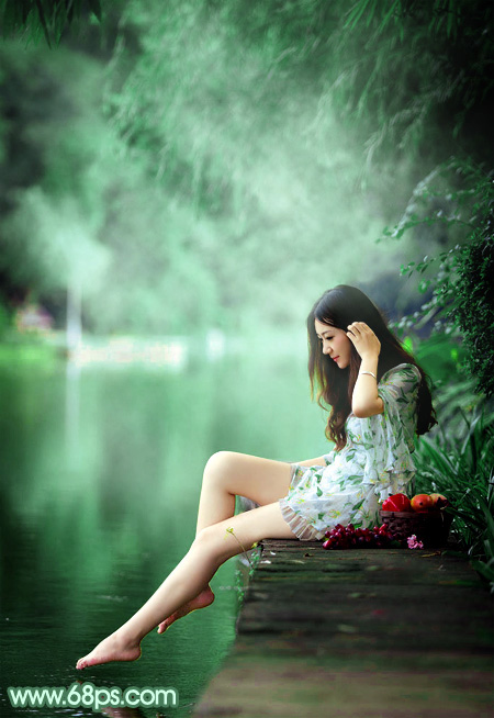 Photoshop打造梦幻的青绿色湖景美女图片2