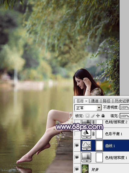 Photoshop给池塘边的美女加上唯美的暗调蓝紫色7