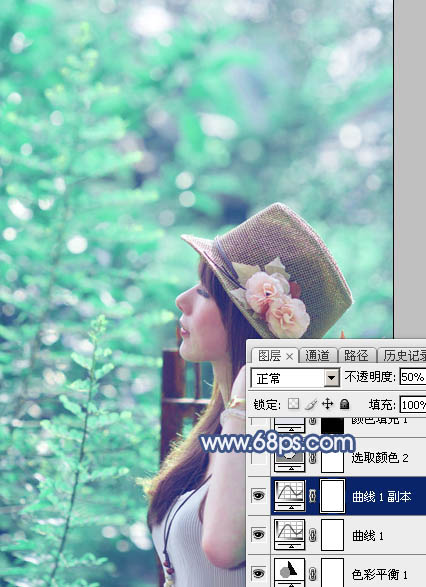 Photoshop打造唯美的淡调青绿色树景美女图片11