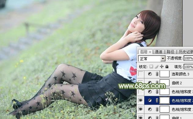Photoshop给夏季草地上的美女加上唯美的韩系淡绿色9