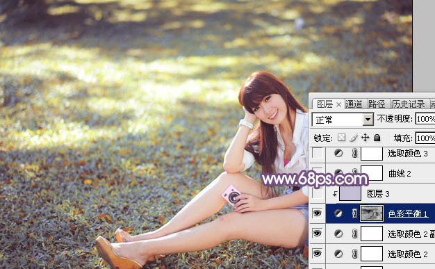 Photoshop给草地上的美女加上明快的秋季蓝黄色10