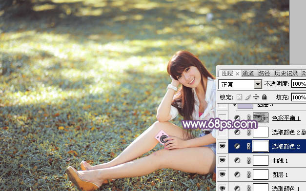 Photoshop给草地上的美女加上明快的秋季蓝黄色7
