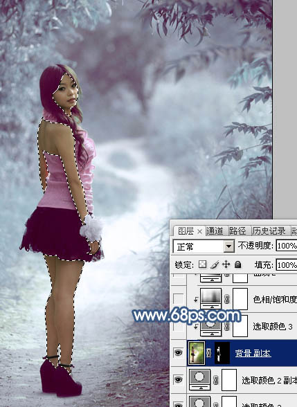 Photoshop打造梦幻的青蓝色春季树景美女图片19