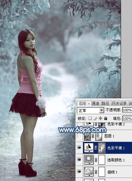 Photoshop打造梦幻的青蓝色春季树景美女图片11