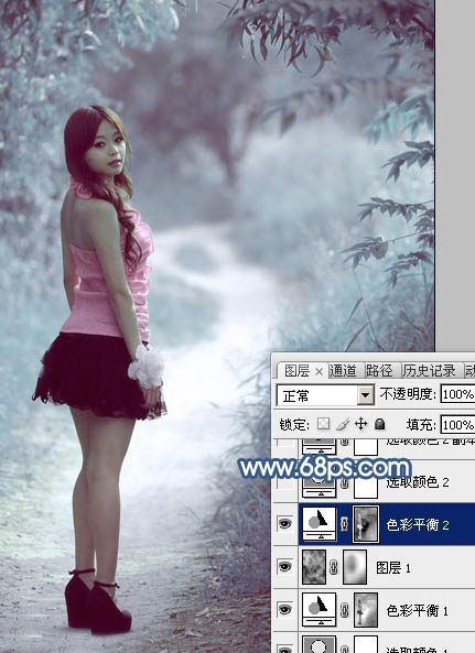 Photoshop打造梦幻的青蓝色春季树景美女图片13