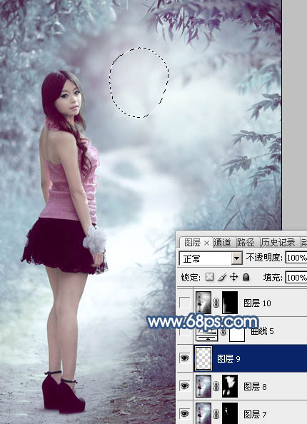Photoshop打造梦幻的青蓝色春季树景美女图片23