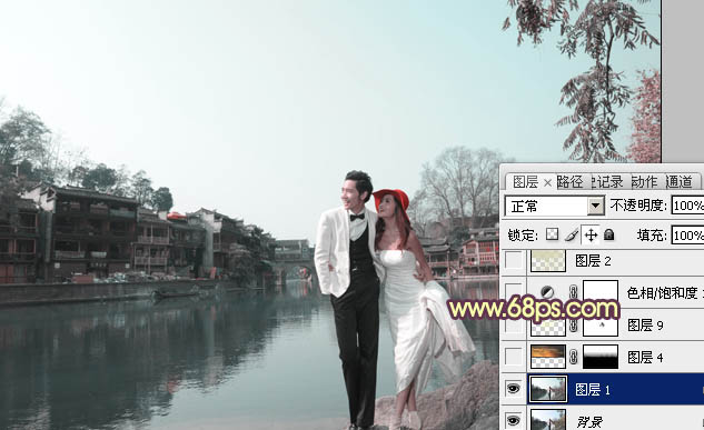 Photoshop给古镇婚片增加浪漫的霞光背景教程4