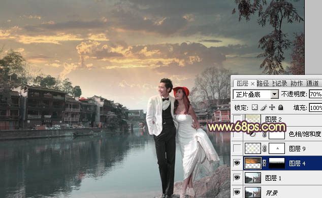 Photoshop给古镇婚片增加浪漫的霞光背景教程6