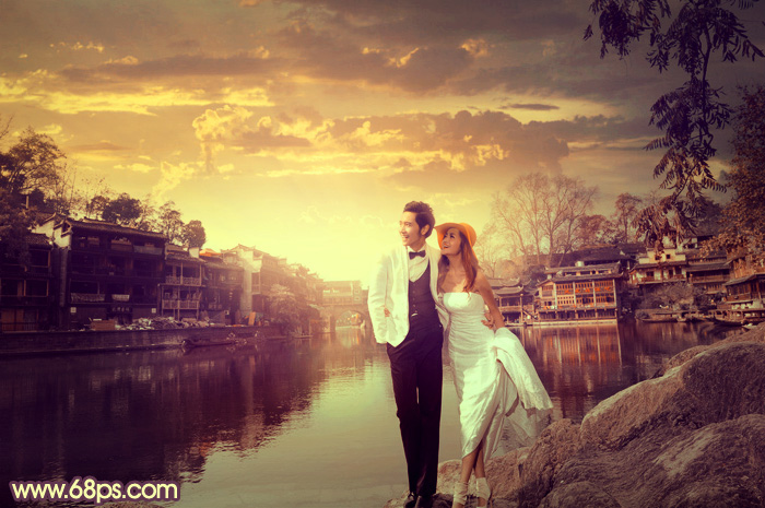 Photoshop给古镇婚片增加浪漫的霞光背景教程3