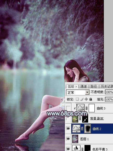 Photoshop给湖景美女图片加上唯美的青紫色32