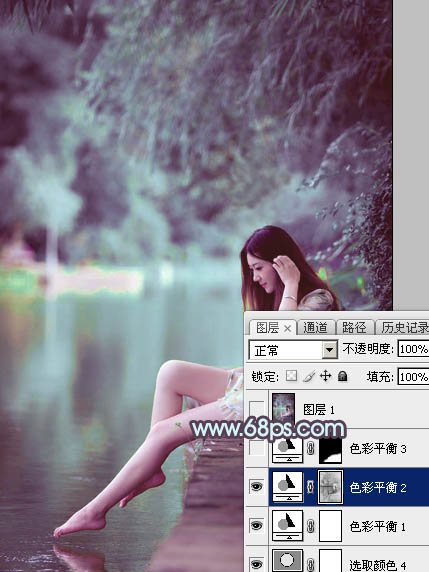 Photoshop给湖景美女图片加上唯美的青紫色28