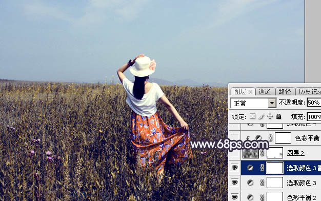 Photoshop给荒草中的美女加上漂亮的韩系蓝褐色35