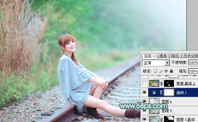 Photoshop打造甜美的春季淡绿色铁轨美女图片33
