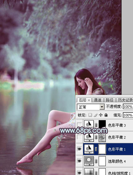 Photoshop给湖景美女图片加上唯美的青紫色25