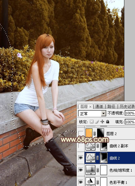 Photoshop给偏暗的树边美女增加绚丽的阳光色17