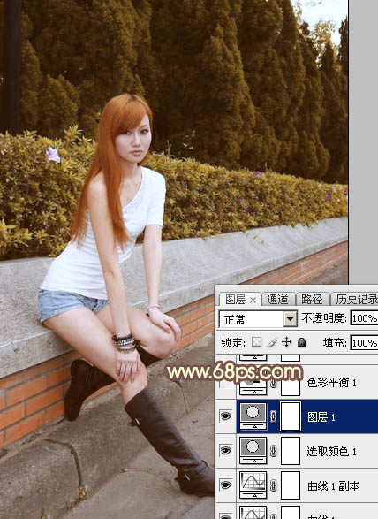 Photoshop给偏暗的树边美女增加绚丽的阳光色11