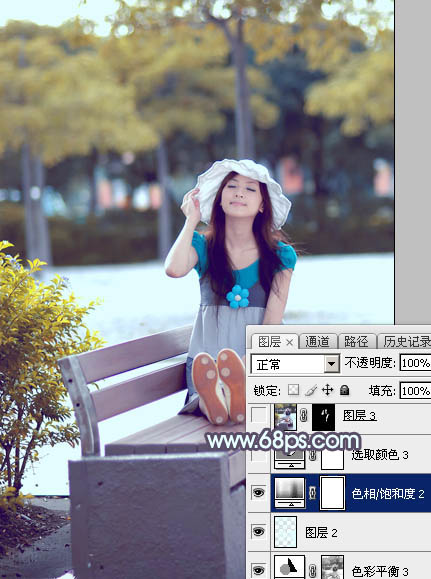 Photoshop给公园长凳上的美女加上秋季蓝黄色26