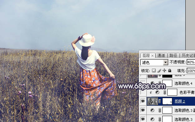 Photoshop给荒草中的美女加上漂亮的韩系蓝褐色36