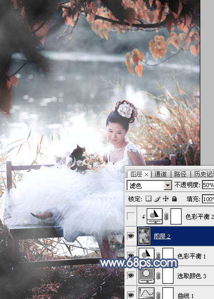 Photoshop打造梦幻的蓝红色湖景婚片29