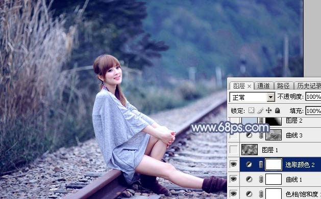 Photoshop给铁轨上的美女加上梦幻甜美的蓝色18