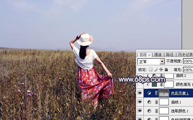Photoshop给荒草中的美女加上漂亮的韩系蓝褐色18