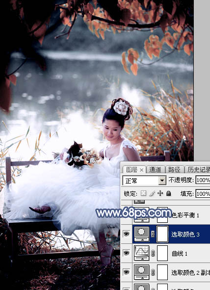 Photoshop打造梦幻的蓝红色湖景婚片25