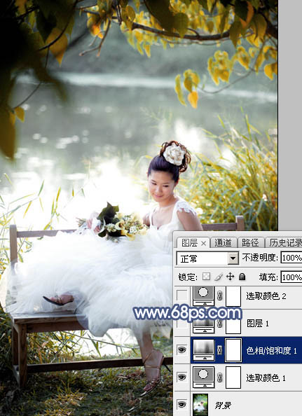 Photoshop打造梦幻的蓝红色湖景婚片10
