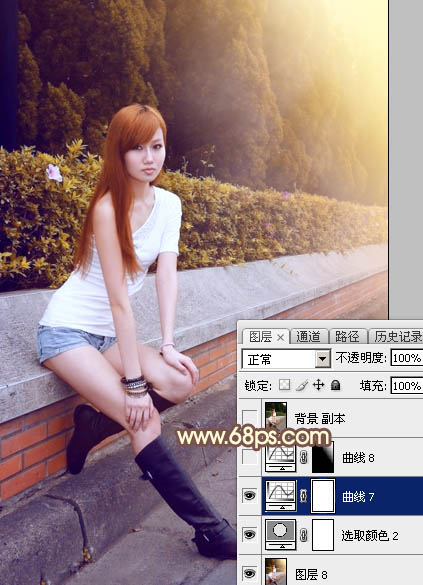 Photoshop给偏暗的树边美女增加绚丽的阳光色36