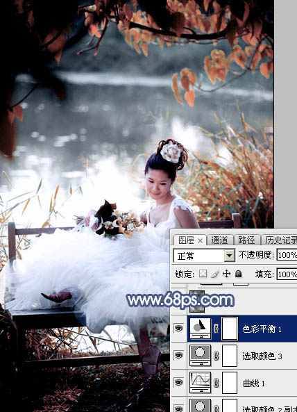 Photoshop打造梦幻的蓝红色湖景婚片28