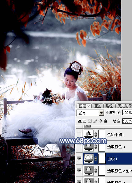 Photoshop打造梦幻的蓝红色湖景婚片21
