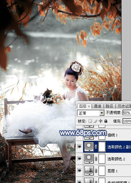Photoshop打造梦幻的蓝红色湖景婚片16