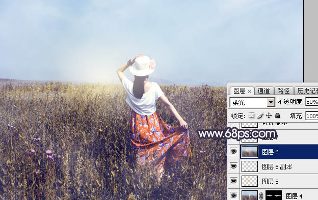 Photoshop给荒草中的美女加上漂亮的韩系蓝褐色43