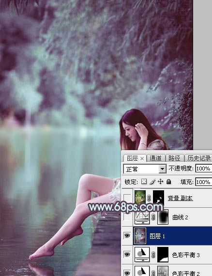 Photoshop给湖景美女图片加上唯美的青紫色31