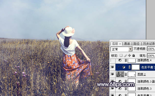 Photoshop给荒草中的美女加上漂亮的韩系蓝褐色39