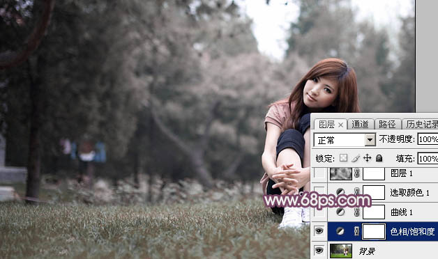Photoshop打造唯美的中性紫红色草地美女图片6