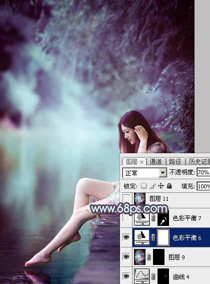 Photoshop给湖景美女图片加上唯美的青紫色40