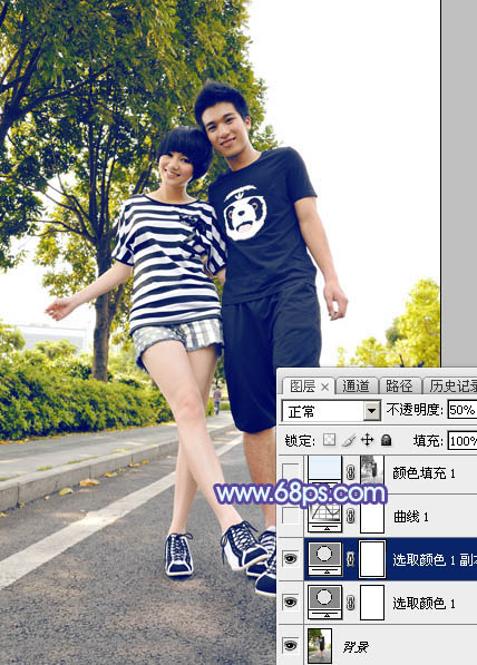 Photoshop给街道情侣图片加上梦幻的蓝色调10