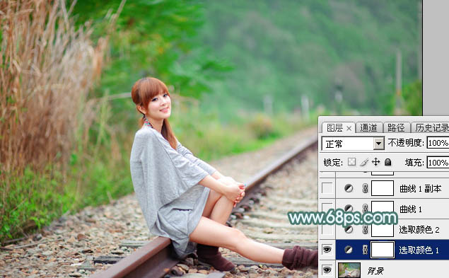 Photoshop打造甜美的春季淡绿色铁轨美女图片6