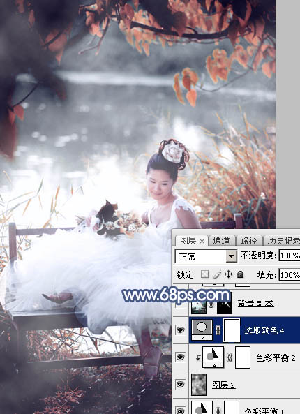 Photoshop打造梦幻的蓝红色湖景婚片38