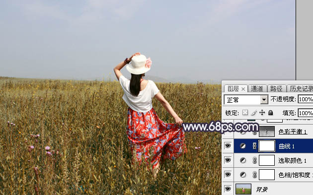 Photoshop给荒草中的美女加上漂亮的韩系蓝褐色14
