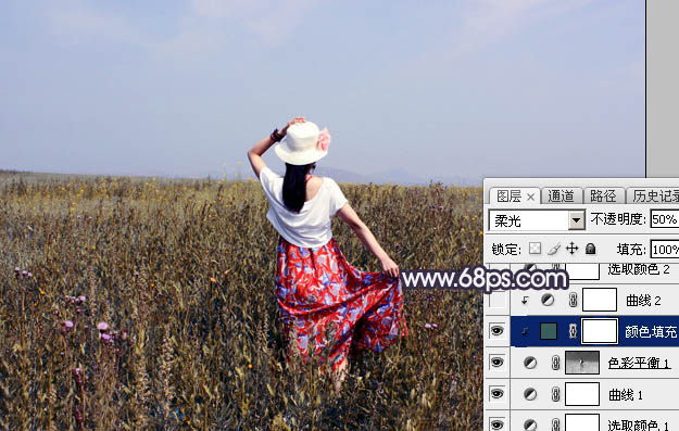 Photoshop给荒草中的美女加上漂亮的韩系蓝褐色19