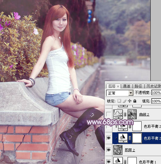 Photoshop给外景美女图片加上甜美的秋季蓝紫色12