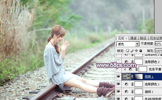 Photoshop给铁轨上的美女加上甜美的韩系青蓝色14