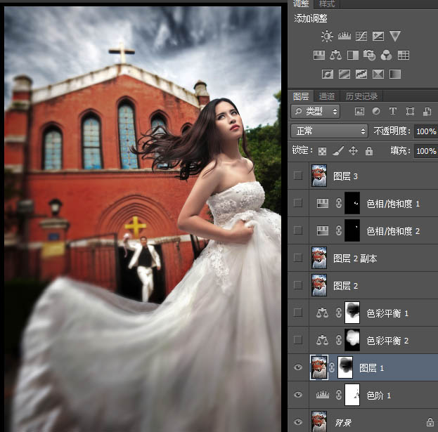 Photoshop打造大气的暗冷色复古建筑婚片5