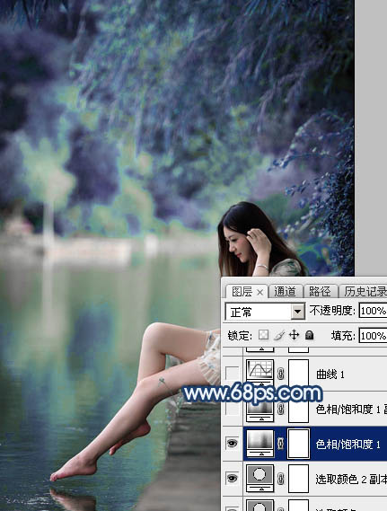 Photoshop打造唯美的蓝紫色江景美女图片9