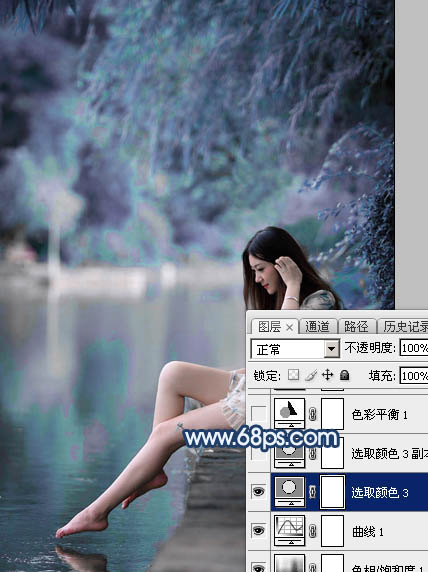 Photoshop打造唯美的蓝紫色江景美女图片12