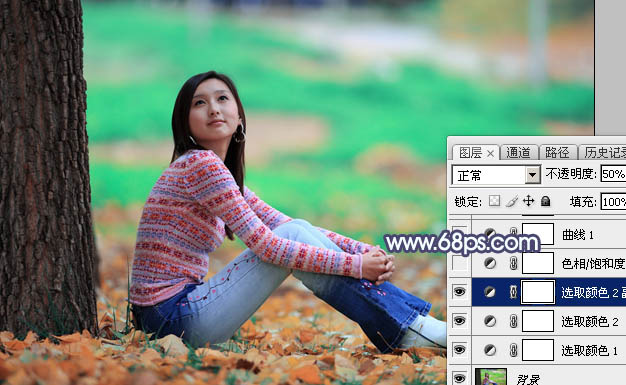 Photoshop打造甜美的青红色秋季外景美女图片6