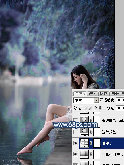 Photoshop打造唯美的蓝紫色江景美女图片10
